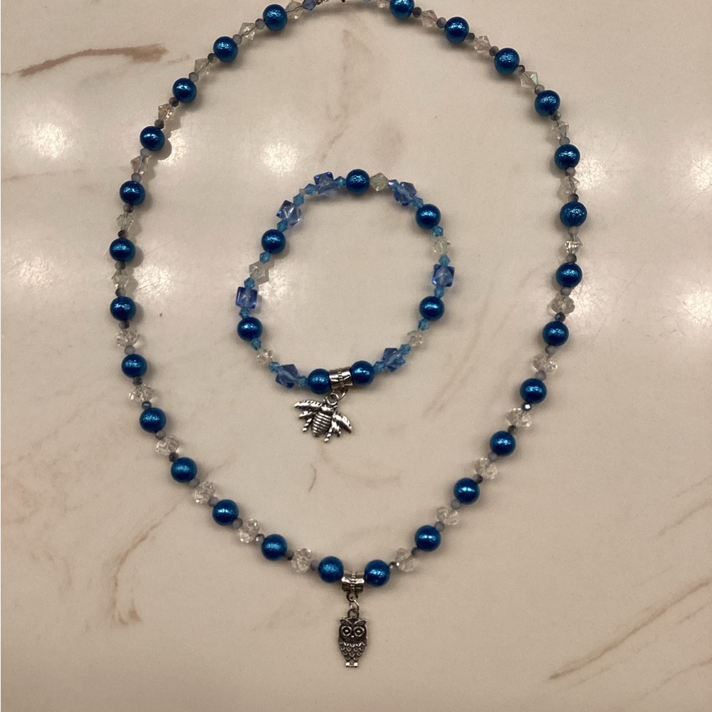 Handmade Blue Beaded Necklace and Bracelet Set